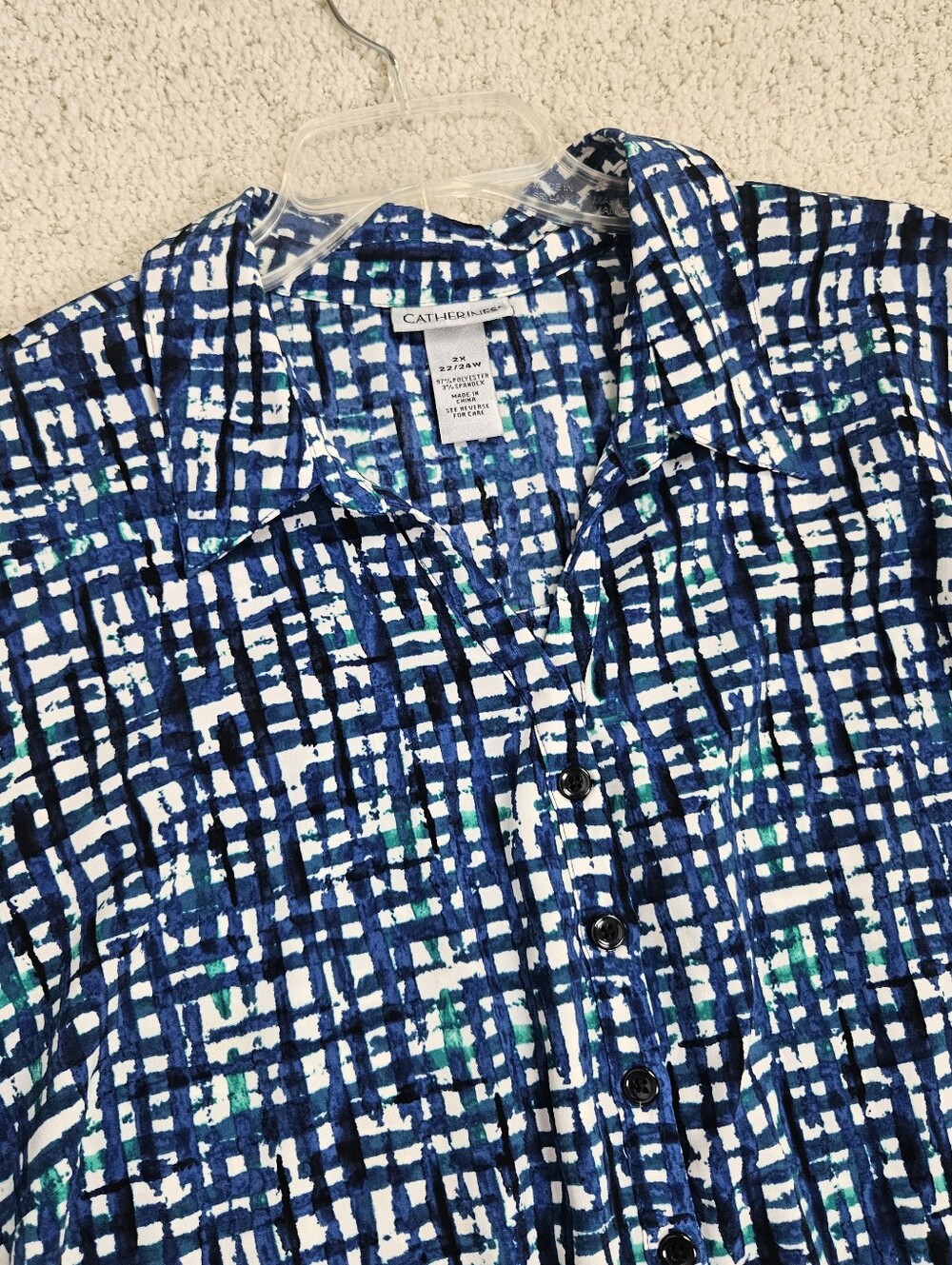 Catherines Blouse 3/4 Sleeve Blue Green Stretch Womens 2x Office Partial Button